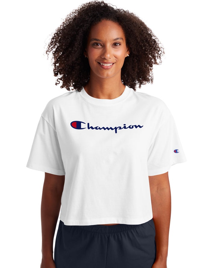 Champion Cropped Script Logo T-Shirt Dames - Wit - Belgie 4369YUIJO